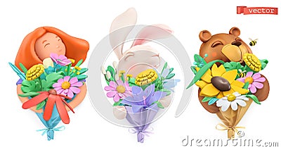 Funny characters with bouquet of flowers. Girl, easter bunny, bear. Plasticine art objects. vector icon set Vector Illustration