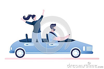 Funny characters in cabriolet auto.Isolated on white background Vector Illustration