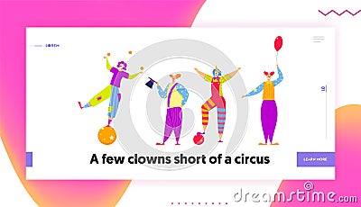 Funny Characters in Costumes for Circus Show or Entertainment. Clowns, Animators in Clown Suit, Curly Ginger Wig Vector Illustration