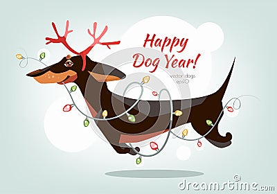 Funny and cheerful dachshund jumps with horns Vector Illustration