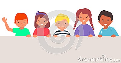 Funny cheerful group character little kid standing hold empty banner, children wave hand, smiling child flat vector Vector Illustration