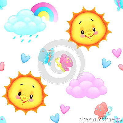 A funny cheerful mood pattern of sky with cute suns, colorful clouds, rainbows, butterflies and hearts. Cartoon Illustration