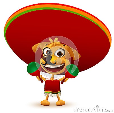 Funny cheerful yellow mexican dog in poncho and sombrero holding maracas Vector Illustration