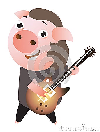 A funny cheerfull rockstar piggy plays guitar. Vector Illustration