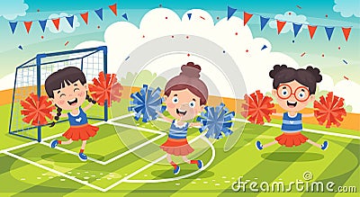 Funny Cheerleader Holding Colorful Pom Poms Vector Illustration