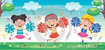 Funny Cheerleader Holding Colorful Pom Poms Vector Illustration