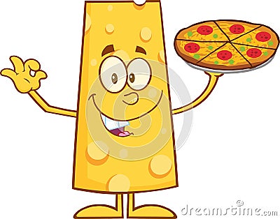 Funny Cheese Cartoon Character Holding A Pizza Vector Illustration