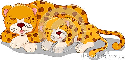 Funny cheetah cartoon with her baby Stock Photo