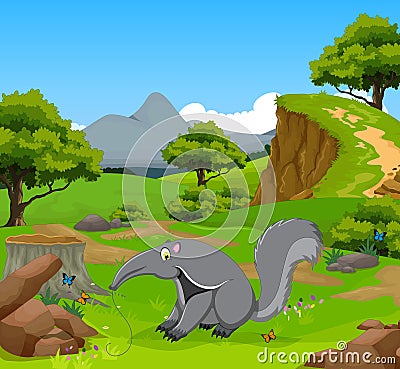 Funny Cheetah cartoon in the jungle with landscape background Stock Photo