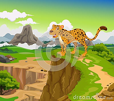 Funny Cheetah cartoon with mountain landscape background Stock Photo