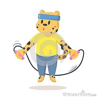 Funny cheetah jumping over skipping rope, cartoon character. Flat vector illustration, isolated on white background. Vector Illustration