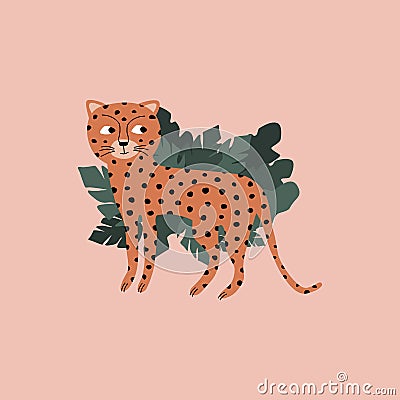 Funny cheetah and jungle leaves. African animals vector illustration. Vector Illustration