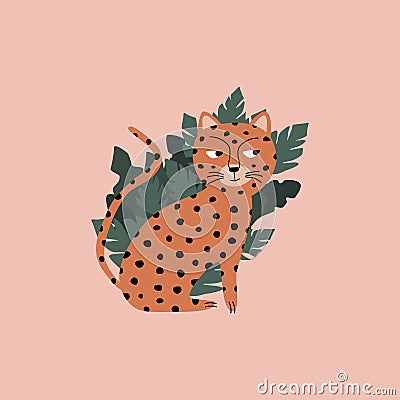 Funny cheetah and jungle leaves. African animals vector illustration. Vector Illustration