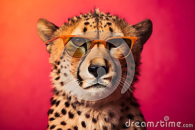 Funny cheetah wearing sunglasses in studio with a colorful and bright background. Generative AI Stock Photo