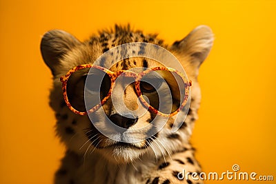 Funny cheetah wearing sunglasses in studio with a colorful and bright background. Generative AI Stock Photo