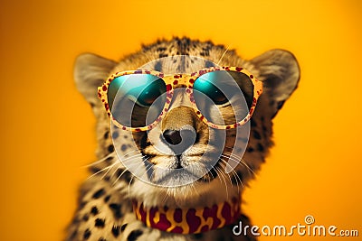 Funny cheetah wearing sunglasses in studio with a colorful and bright background. Generative AI Stock Photo