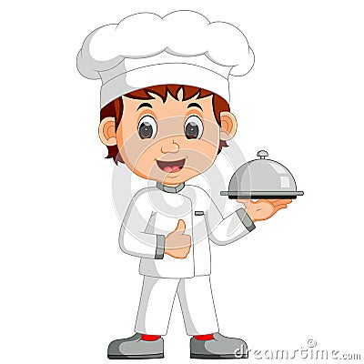 funny chef holding a silver platter Vector Illustration