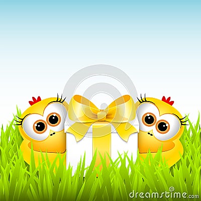 Funny chickens with a gift Vector Illustration