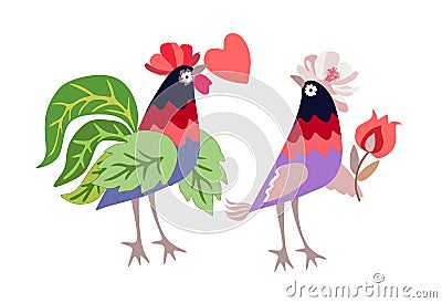 Funny chickens - romantic couple of rooster and hen with heart and flower in vector. Beautiful greeting or invitation card Vector Illustration