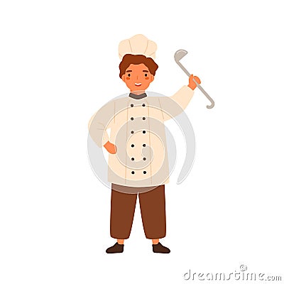 Funny chief cook little boy holding ladle vector flat illustration. Cute cookery child standing in white uniform and cap Vector Illustration