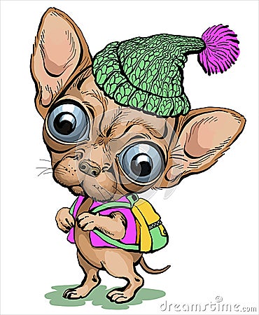 Funny cartoon chihuahua puppy wearing a funny hat and schoolbag Vector Illustration
