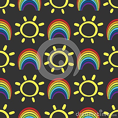 Funny child seamless pattern with rainbows and suns. Drawn by hand. Vector Illustration