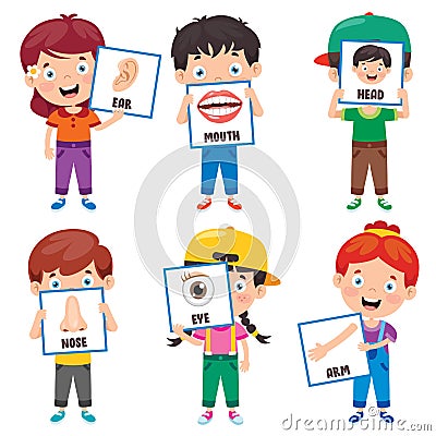 Funny Child Showing Human Body Parts Vector Illustration