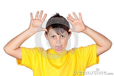 Funny child with yellow t-shirt mocking Stock Photo