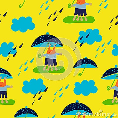 Funny childish monster seamless with umbrellas, rain, clouds for children cartoon illustration and kids deseign.Vector Vector Illustration