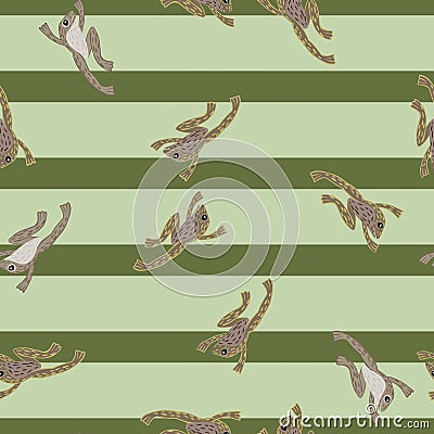 Funny childish seamless pattern with grey amphibian frog shapes. Green striped background. Simple design Vector Illustration