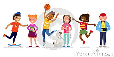 Funny children cartoon characters vector illustration in flat design. Girls and boys doing activities, walking, jumping Vector Illustration