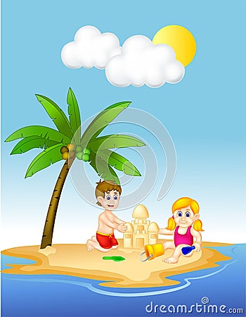 Funny children cartoon play sand on the island Cartoon Illustration