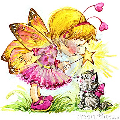 Funny children Fairy background. watercolor drawing Stock Photo