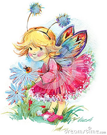 Funny children Fairy background. watercolor drawing Stock Photo