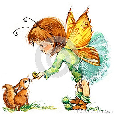 Funny children Fairy background. watercolor drawing Stock Photo