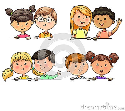 Funny children in pairs different nationalities holding banner Vector Illustration