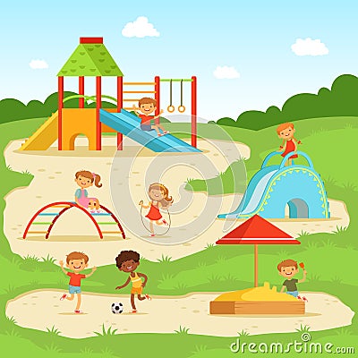 Funny children at summer playground. Kids playing in park. Vector illustration Vector Illustration