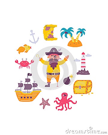 Funny childrens pirate print. Captain with sea inhabitants, ship, map in flat hand drawn style. Design for the design of Vector Illustration