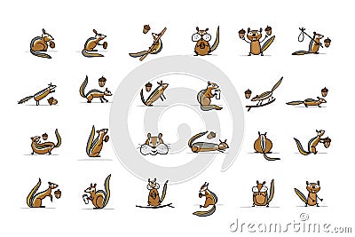 Funny Chimpanks with nuts. Ground Squirrel. Icon Collection for your design Cartoon Illustration