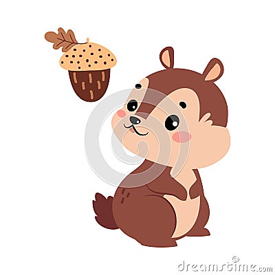 Funny Chipmunk Character with Cute Snout Look at Acorn Vector Illustration Vector Illustration