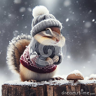 Funny chipmunk wearing knitted sweater and beanie outdoors, with snowflakes falling all arounds. ai generative Stock Photo