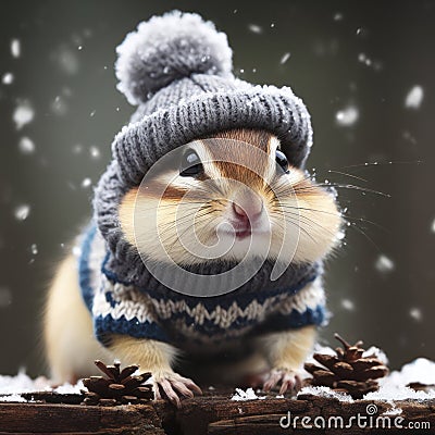 Funny chipmunk wearing knitted sweater and beanie outdoors, with snowflakes falling all arounds. ai generative Stock Photo