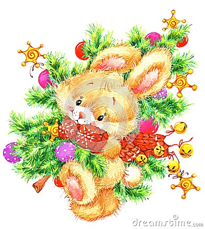 Funny Christmas bunnand Christmas tree. illustration for Christmas and New Year. watercolor illustra Cartoon Illustration