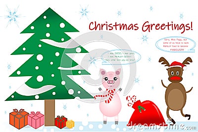 Funny Christmas card with pig and reindeer Stock Photo