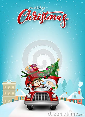 Funny Christmas Greeting Card, With Santa Claus, Deer, Snowman and penguin in car. Vector Illustration