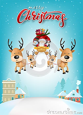 Funny Christmas Greeting Card, With Santa Claus, Deer, Snowman and penguin. Vector Illustration