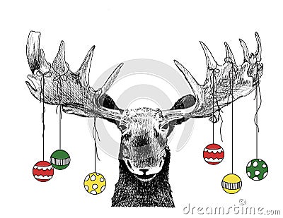 Funny Christmas Moose with ornaments Cartoon Illustration