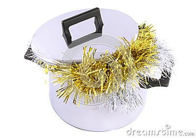 Funny Christmas,New Year-tinsel in saucepan Stock Photo