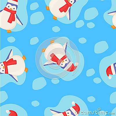 Funny christmas penguin floating on ice floe in red hat and scarf greeting card in cartoon style Vector Illustration