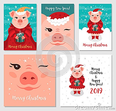 Funny Christmas pigs, Greeting cards Merry Christmas and New Year 2019. Pig Santa Claus, Christmas cards Mega Bundle Vector Illustration